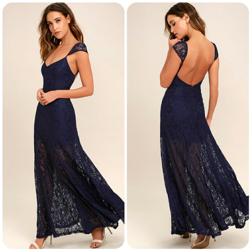 LULU's Evening Navy Lace Maxi Dress - Medium